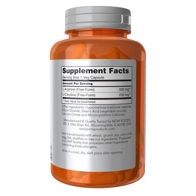 NOW Sports Nutrition, arginina y citrulina 500 mg/ 250 mg, aminoácidos, 120 cápsulas vegetales