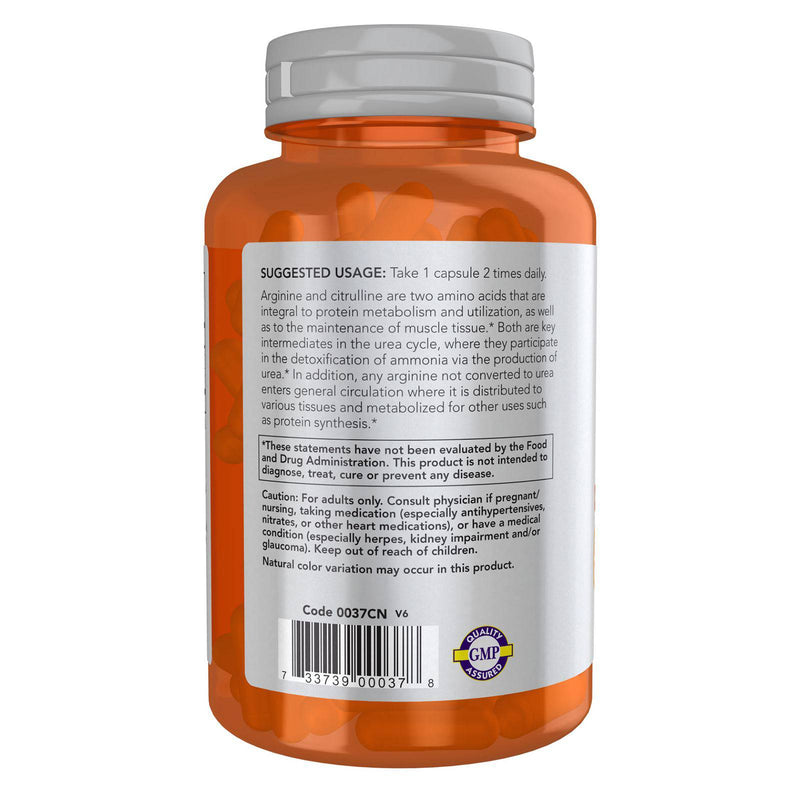 NOW Sports Nutrition, arginina y citrulina 500 mg/ 250 mg, aminoácidos, 120 cápsulas vegetales