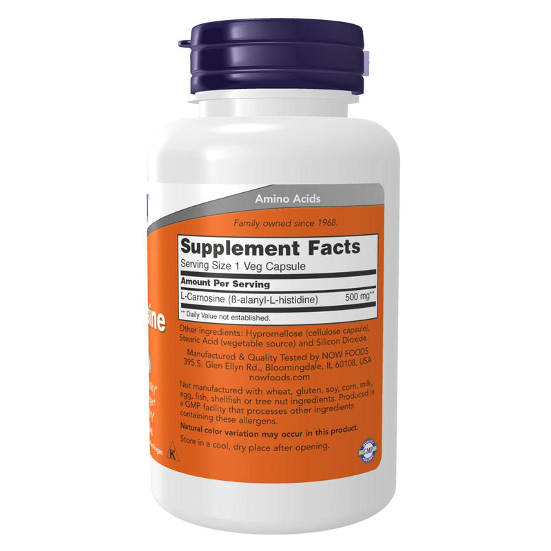 Suplementos NOW, L-carnosina (beta-alanil-L-histidina) 500 mg, envejecimiento saludable, 100 cápsulas vegetales