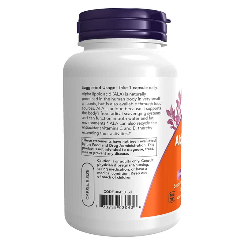 Suplementos NOW, Ácido alfa lipoico 250 mg, Apoya la producción de glutatión*, Limpiador de radicales libres*, 120 cápsulas vegetales