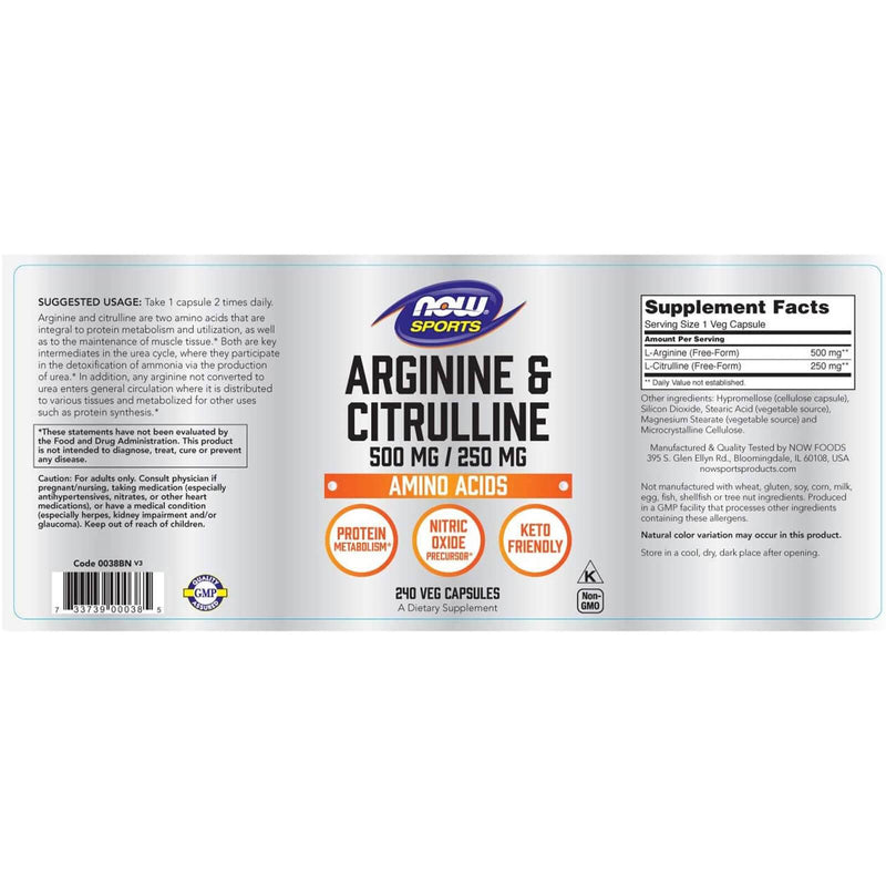 NOW Foods Arginine & Citrulline 500 mg / 250 mg 240 Veg Capsules