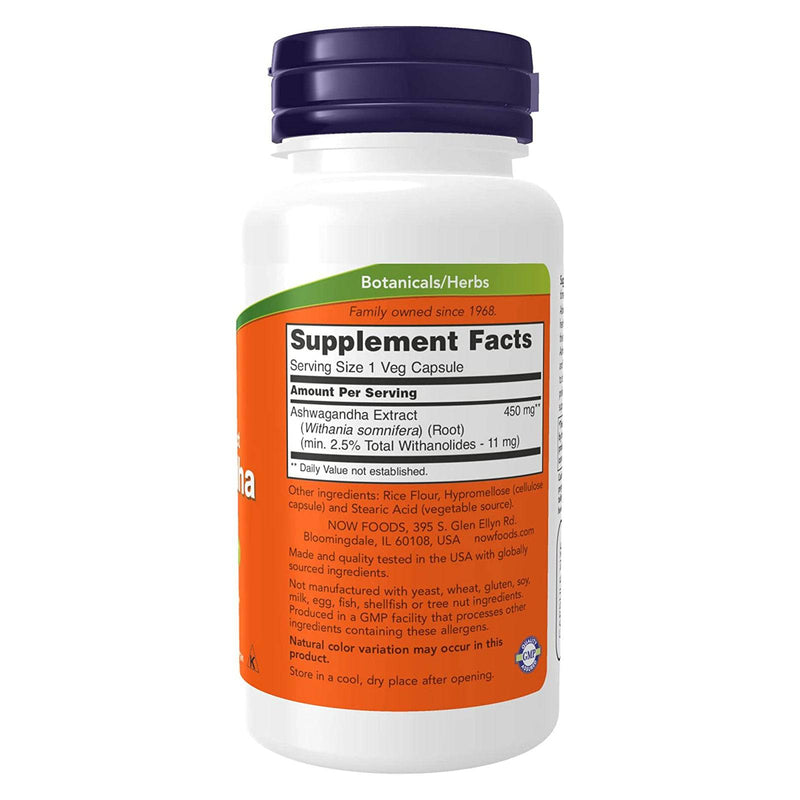 NOW Suplementos, Ashwagandha (Withania somnifera) 450 mg (Extrato Padronizado), 90 Cápsulas Vegetais