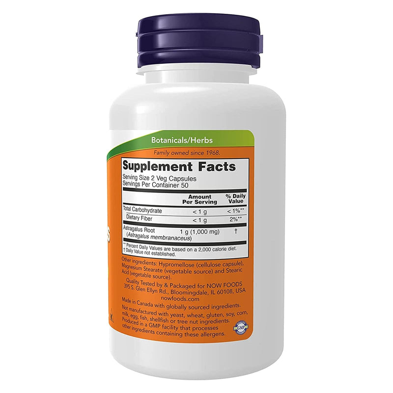 Suplementos NOW, Astragalus (Astragalus membranaceus) 500 mg, Apoyo al sistema inmunológico*, 100 cápsulas