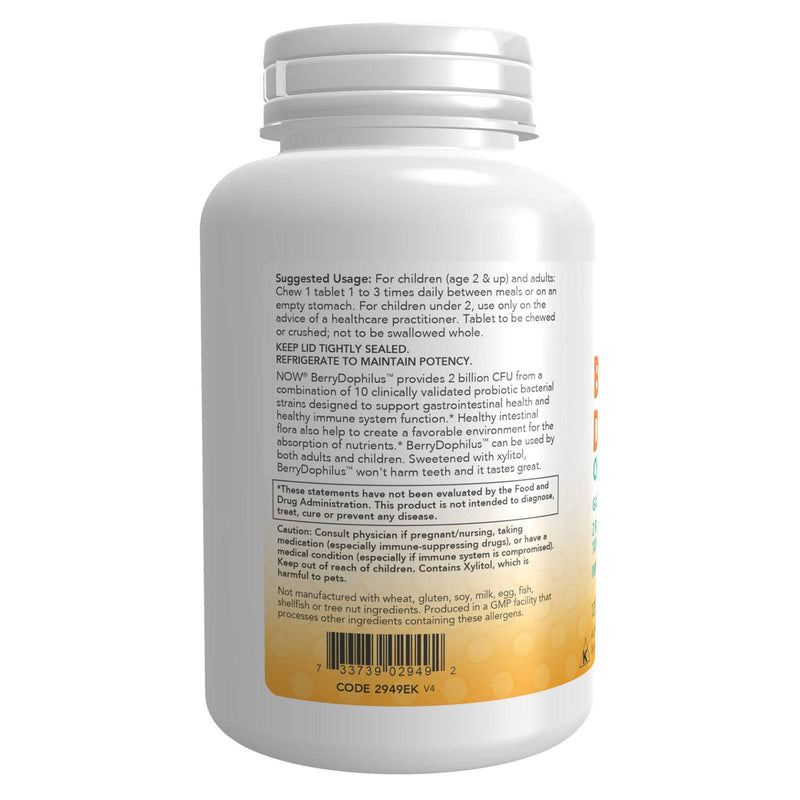 NOW Supplements, BerryDophilus™ 20억마리 이상, 10종 혼합 프로바이오틱, 자일리톨 가당, 균주 검증, 120 츄어블, 포장은 상이 할 수 있음