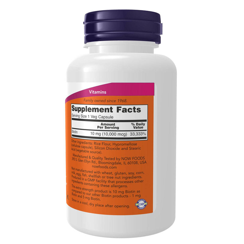 NOW Foods Biotin 10 mg (10,000 mcg) Extra Strength 120 Veg Capsules