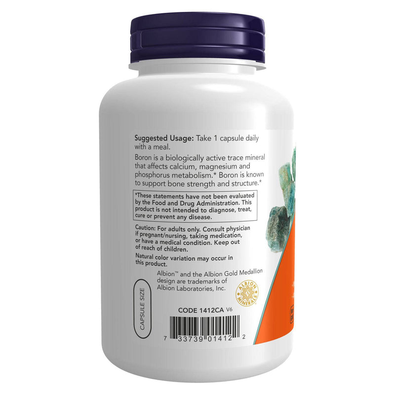 Suplementos NOW, boro 3 mg (glicina bororgánica), soporte estructural*, 250 cápsulas vegetales