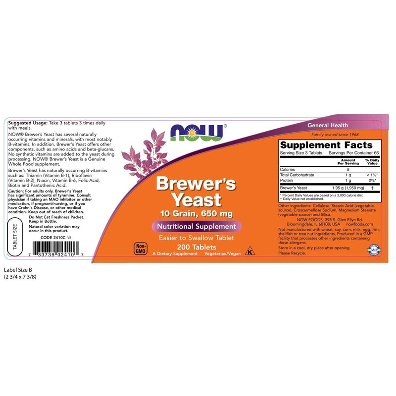 NOW Suplementos, Levedura de Cerveja 650 mg com Vitaminas B naturais, como: Tiamina (Vitamina B-1), Riboflavina (Vitamina B-2), Niacina, Vitamina B-6, Ácido Fólico e Biotina, 200 Comprimidos