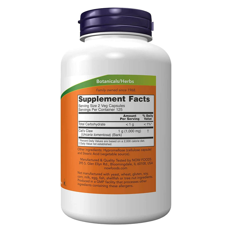 Suplementos NOW, uña de gato 500 mg, proyecto verificado sin OGM, suplemento de hierbas, 250 cápsulas vegetales