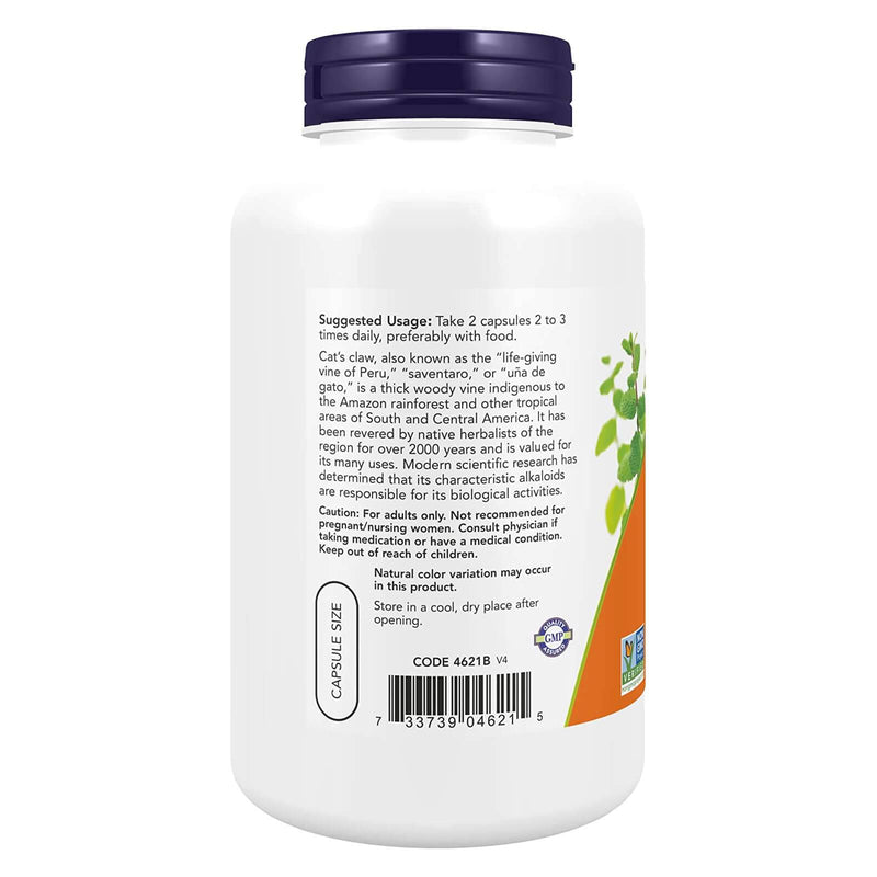 Suplementos NOW, uña de gato 500 mg, proyecto verificado sin OGM, suplemento de hierbas, 250 cápsulas vegetales