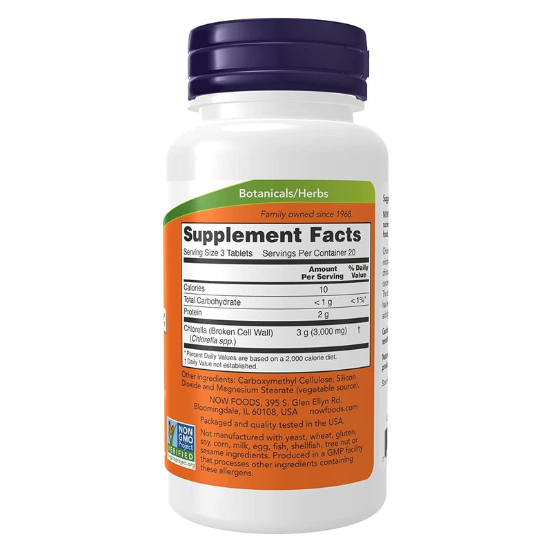 NOW Suplementos, Chlorella 1000 mg com clorofila natural, beta-caroteno, carotenóides mistos, vitamina C, ferro e proteína, 60 comprimidos