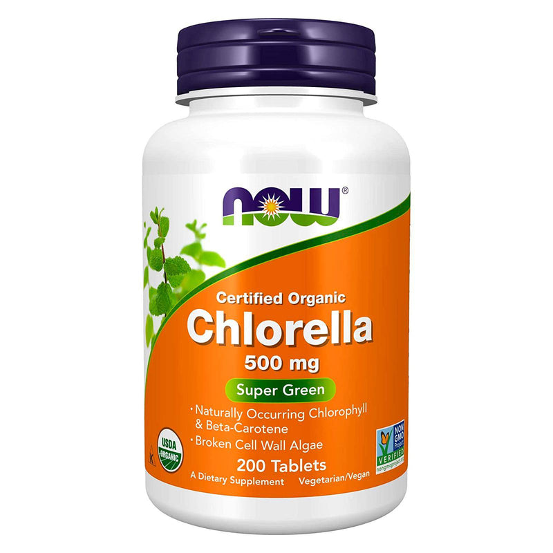 Suplementos NOW, Chlorella orgánica 500 mg con clorofila natural, betacaroteno, carotenoides mixtos, vitamina C, hierro y proteína, 200 tabletas