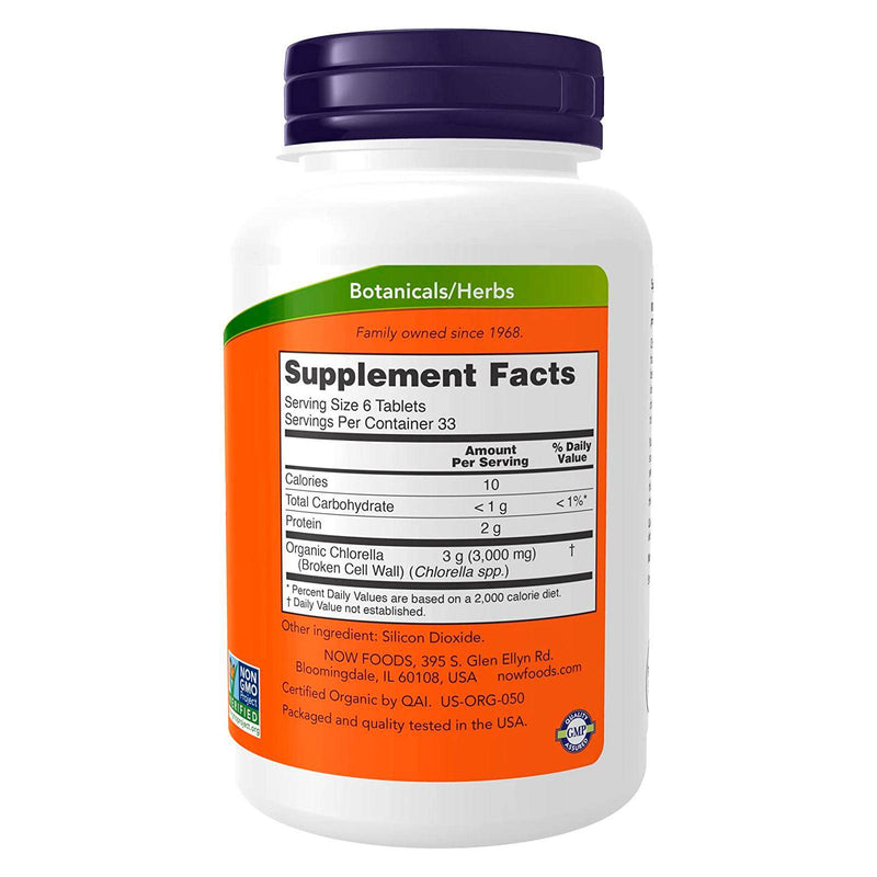 Suplementos NOW, Chlorella orgánica 500 mg con clorofila natural, betacaroteno, carotenoides mixtos, vitamina C, hierro y proteína, 200 tabletas