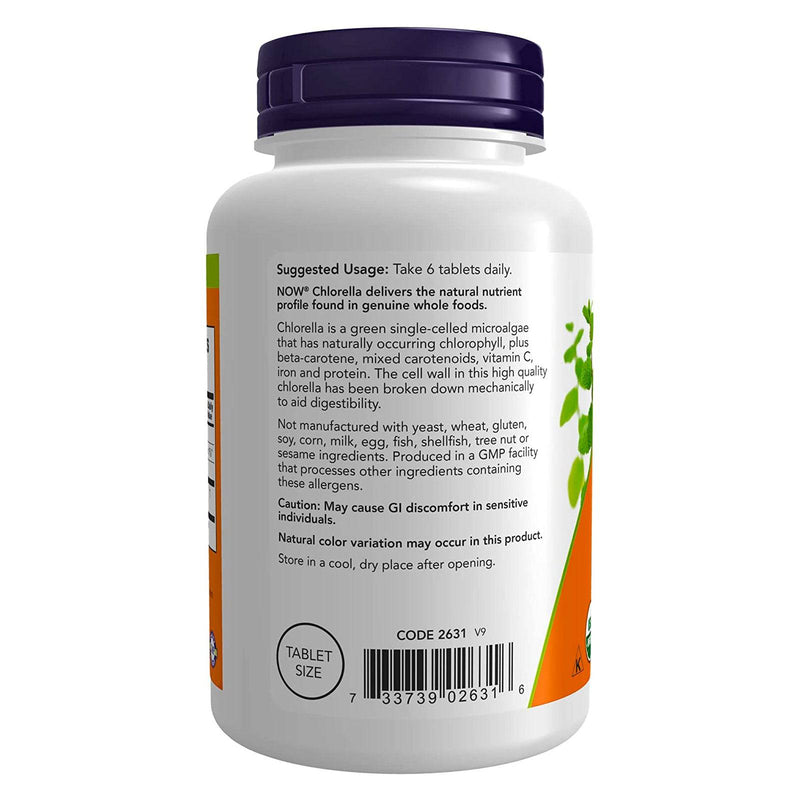 Suplementos NOW, Chlorella orgánica 500 mg con clorofila natural, betacaroteno, carotenoides mixtos, vitamina C, hierro y proteína, 200 tabletas