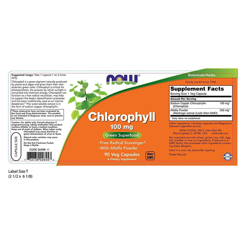 Suplementos NOW, clorofila 100 mg con polvo de alfalfa, superalimento verde, 90 cápsulas vegetales