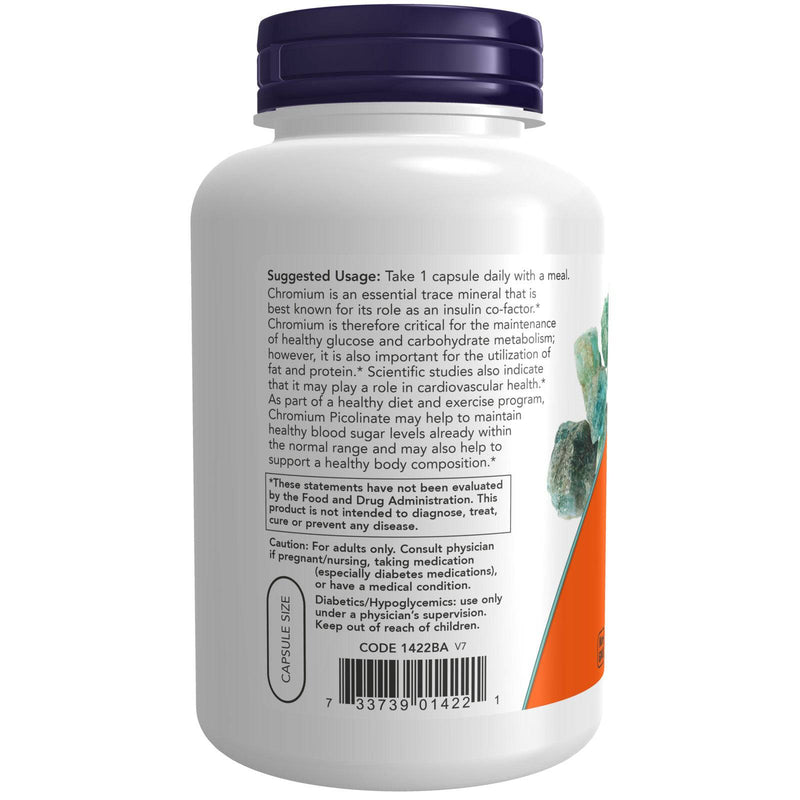 NOW Suplementos, Picolinato de Cromo 200 mcg, Cofator de Insulina*, 250 Cápsulas Vegetais