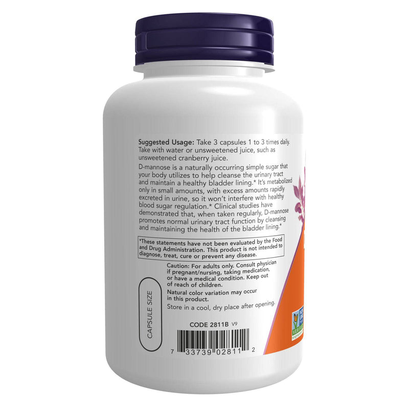 NOW Suplementos, D-Manose 500 mg, Verificado por Projeto Não OGM, Trato Urinário Saudável *, 120 Cápsulas Veg