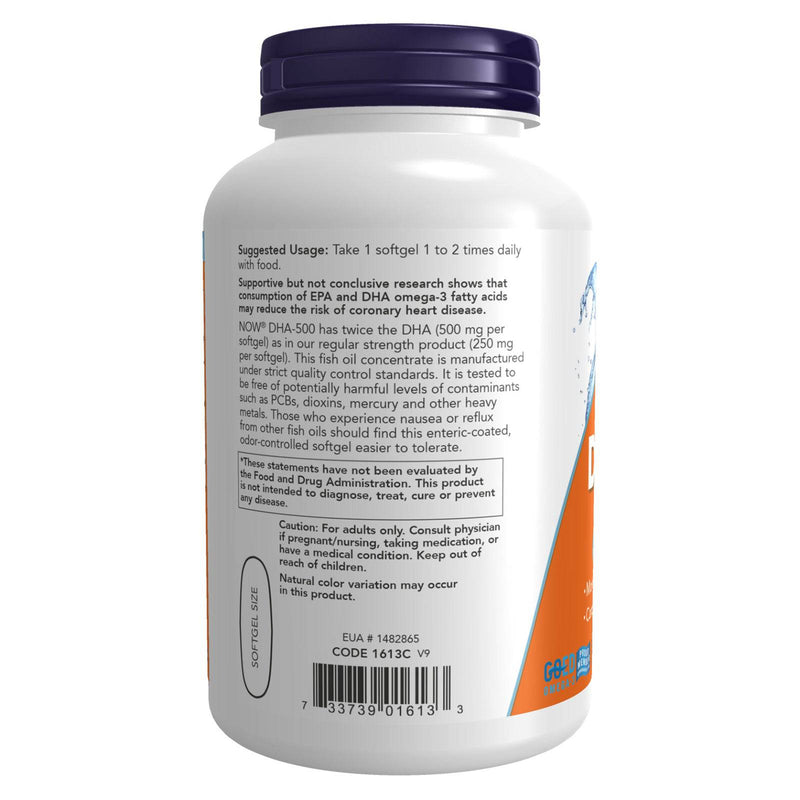 Suplementos NOW, DHA-500 con 250 EPA, destilado molecularmente, apoya la salud cerebral*, 180 cápsulas blandas