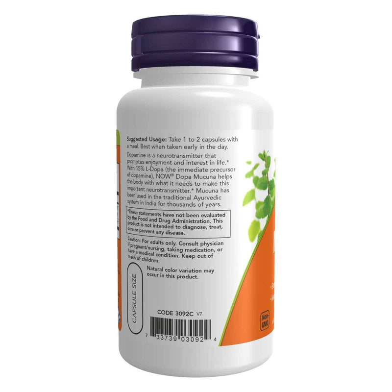 Suplementos NOW, DOPA Mucuna, extracto de mucuna estandarizado con 15 % de L-Dopa natural, 90 cápsulas vegetales