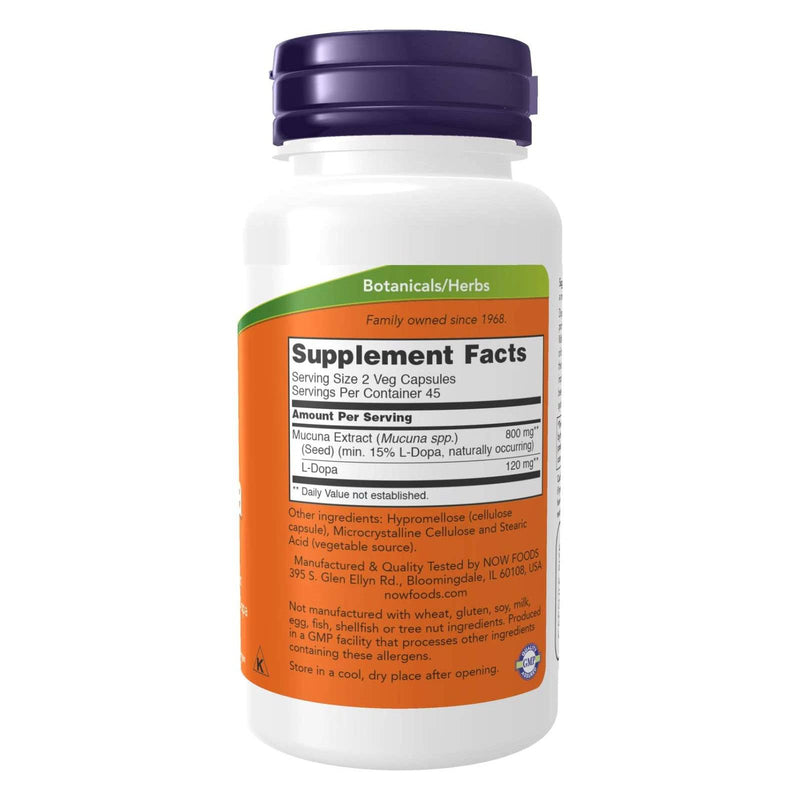 Suplementos NOW, DOPA Mucuna, extracto de mucuna estandarizado con 15 % de L-Dopa natural, 90 cápsulas vegetales