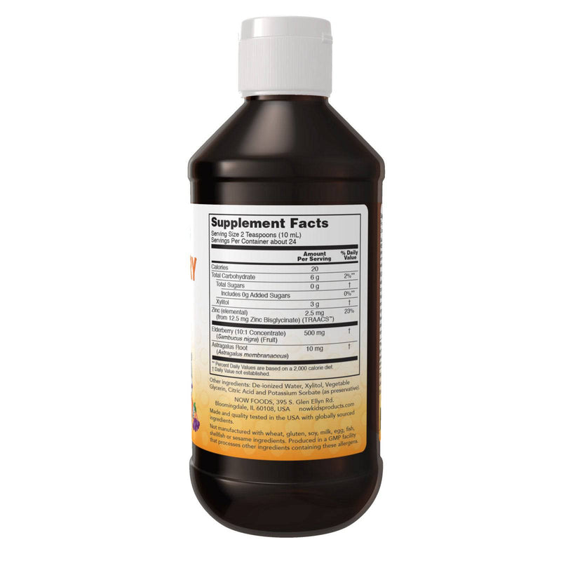 NOW Supplements, Liquid Elderberry for Kids with Zinc and Astragalus, Immune Support*, 8 onzas, el empaque puede variar