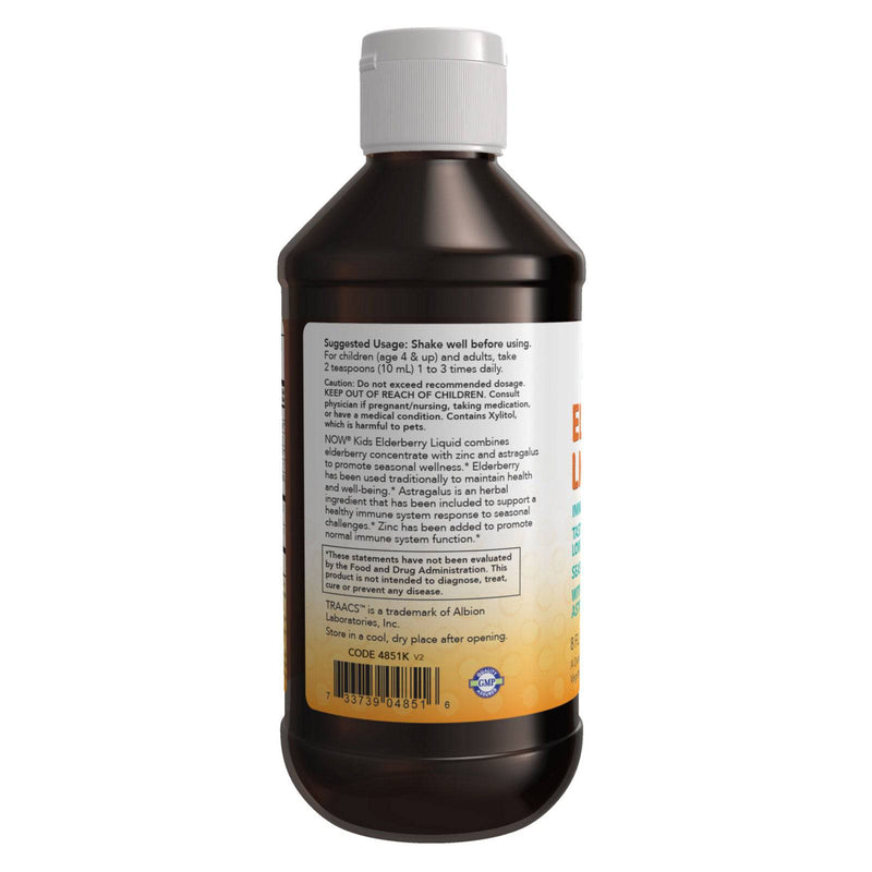 NOW Supplements, Liquid Elderberry for Kids with Zinc and Astragalus, Immune Support*, 8 onzas, el empaque puede variar