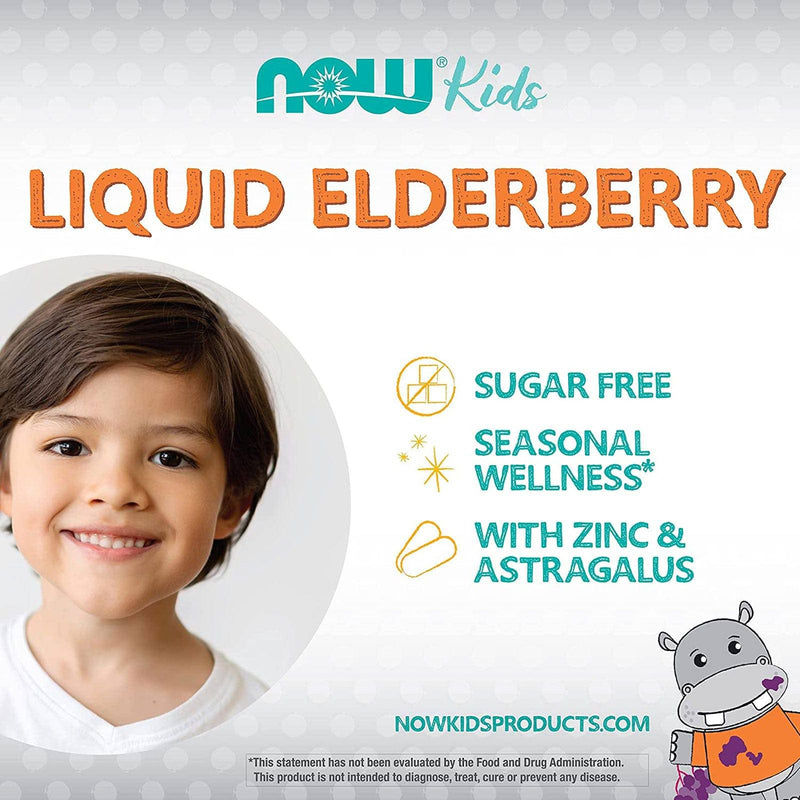 NOW Supplements, Liquid Elderberry for Kids with Zinc and Astragalus, Immune Support*, 8 onzas, el empaque puede variar