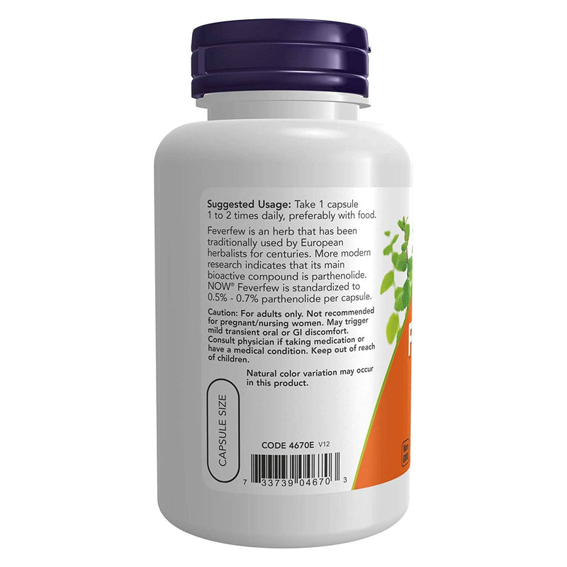 NOW Suplementos, Feverfew com 0,5% - 0,7% Parthenolide, Herbal Supplement, 100 Veg Capsules