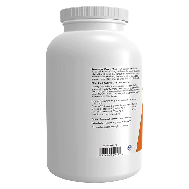 Suplementos NOW, Fiber-3, orgánico certificado, proyecto verificado sin OMG, sin psyllium, con harina de lino dorado orgánico, acacia e inulina, 16 onzas