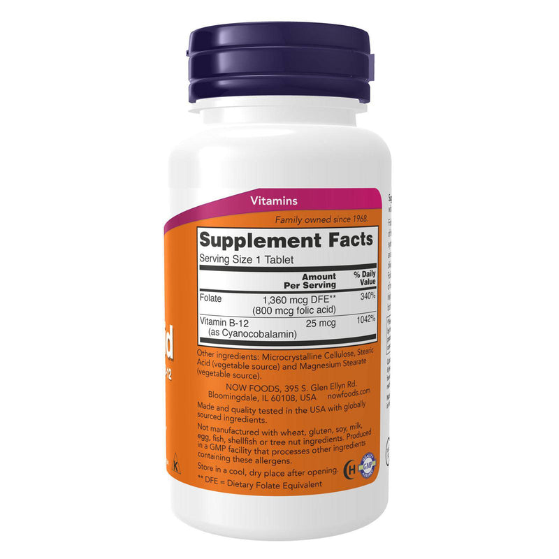 Suplementos NOW, ácido fólico 800 mcg + B-12 (cianocobalamina) 25 mcg, vitamina del complejo B, 250 tabletas