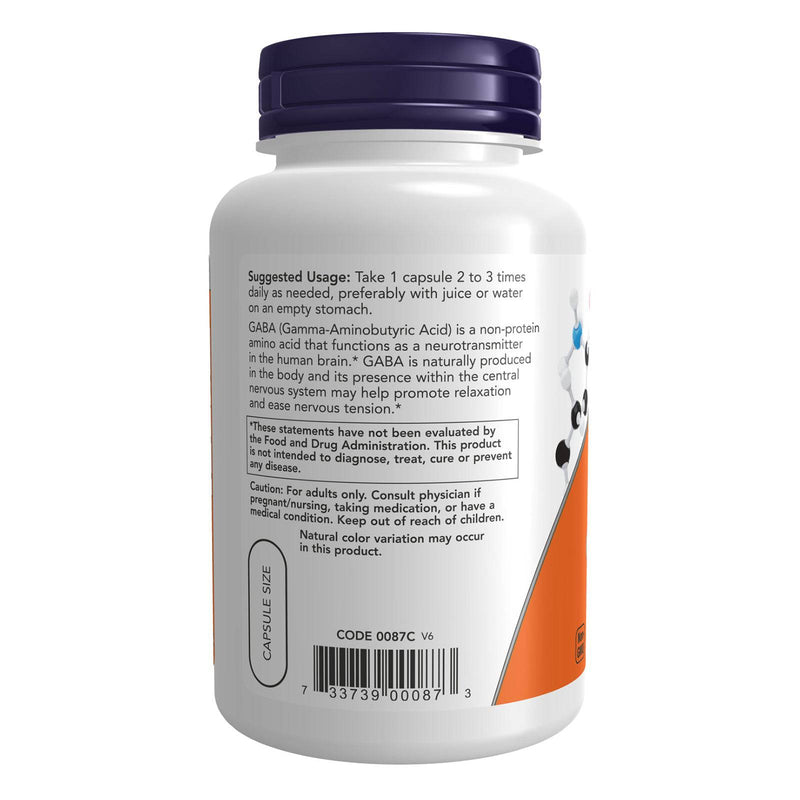 NOW Suplementos, GABA (Ácido Gama-Aminobutírico) 500 mg + B-6, Neurotransmissor Natural *, 100 Cápsulas Veg