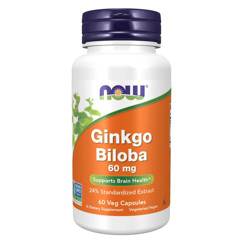 NOW Suplementos, Ginkgo Biloba 60 mg, 24% de extrato padronizado, projeto não transgênico verificado, 60 cápsulas vegetais