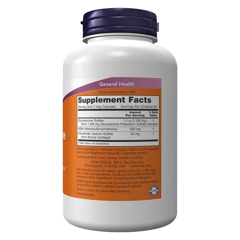 Suplementos NOW, glucosamina y MSM más sulfato de condroitina, salud de las articulaciones*, 180 cápsulas vegetales