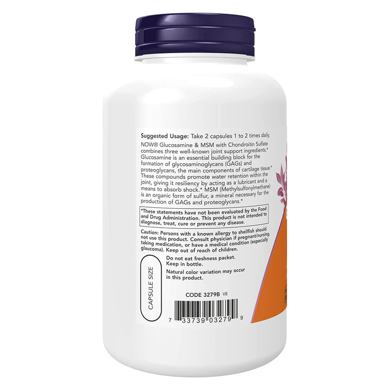 Suplementos NOW, glucosamina y MSM más sulfato de condroitina, salud de las articulaciones*, 180 cápsulas vegetales