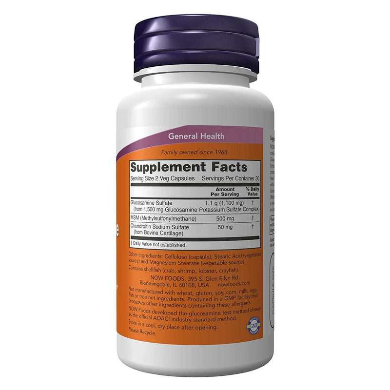 Suplementos NOW, glucosamina y MSM más sulfato de condroitina, salud de las articulaciones*, 60 cápsulas vegetales