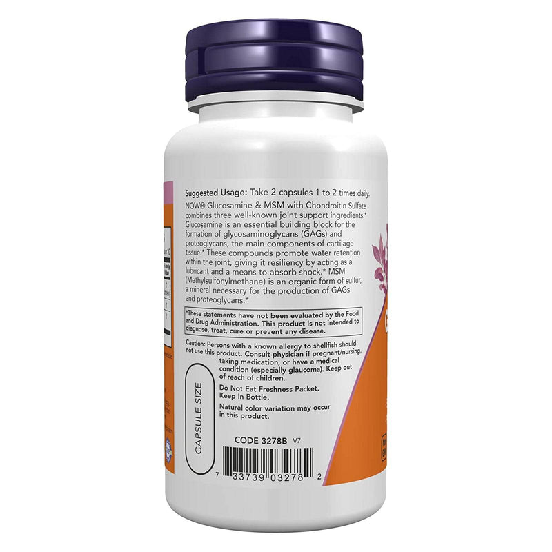 Suplementos NOW, glucosamina y MSM más sulfato de condroitina, salud de las articulaciones*, 60 cápsulas vegetales