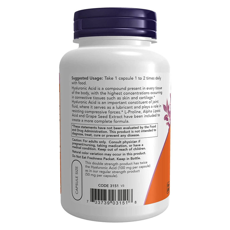 Suplementos NOW, ácido hialurónico 100 mg, doble potencia con L-prolina, ácido alfa lipoico y extracto de semilla de uva, 120 cápsulas vegetales