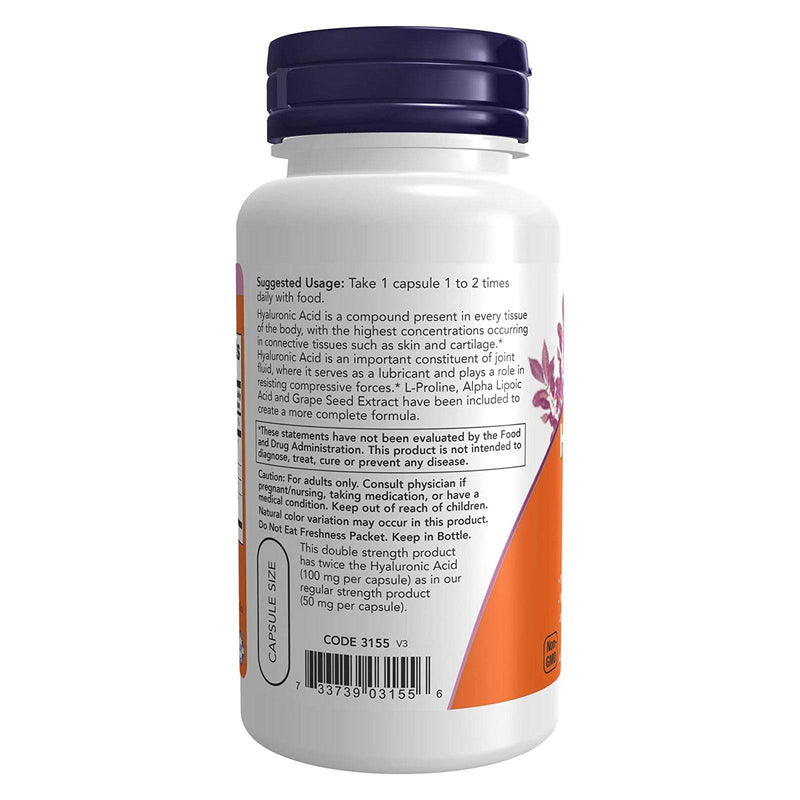 Suplementos NOW, ácido hialurónico 100 mg, doble potencia con L-prolina, ácido alfa lipoico y extracto de semilla de uva, 60 cápsulas vegetales