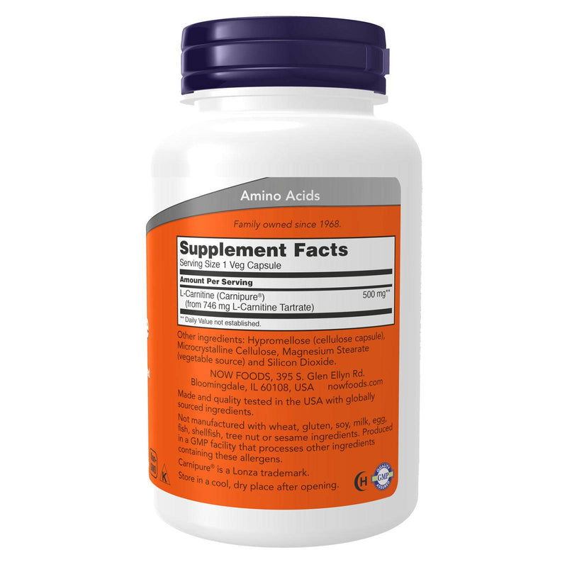 Suplementos NOW, L-carnitina 500 mg, forma más pura, aminoácido, apoyo físico*, 180 cápsulas vegetales