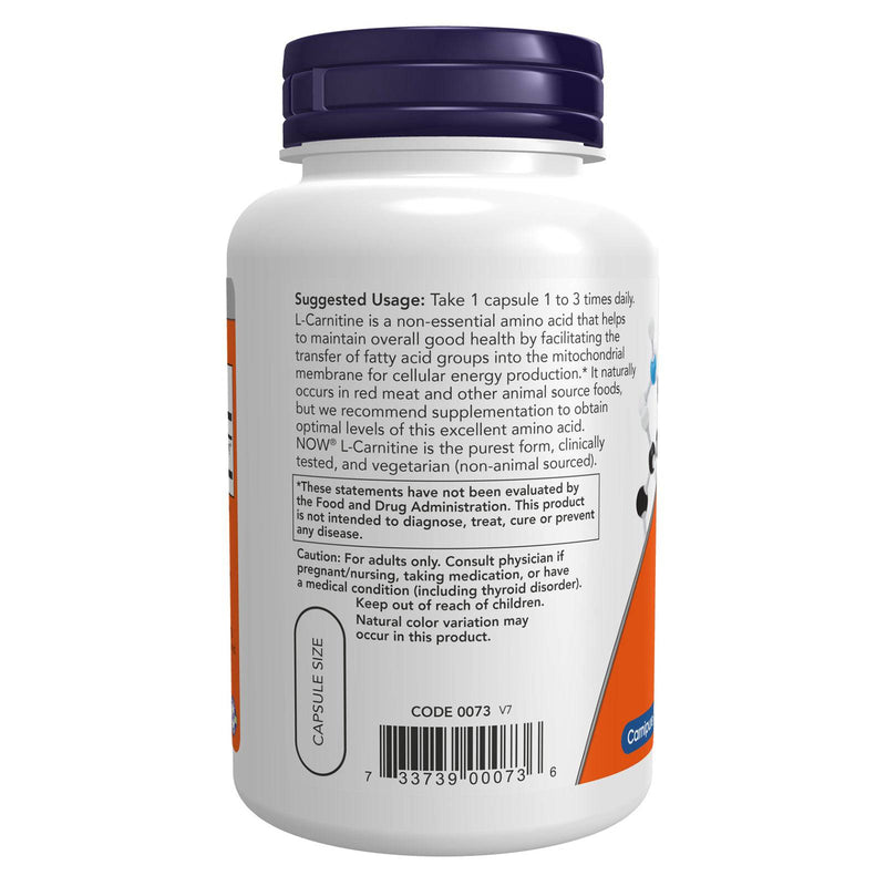 Suplementos NOW, L-carnitina 500 mg, forma más pura, aminoácido, apoyo físico*, 180 cápsulas vegetales