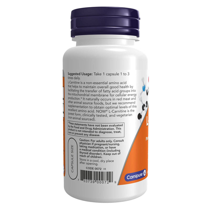 Suplementos NOW, L-carnitina 500 mg, forma más pura, aminoácido, apoyo físico*, 60 cápsulas vegetales