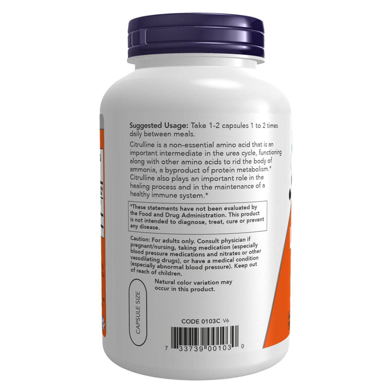 Suplementos NOW, L-citrulina 750 mg, apoya el metabolismo de las proteínas*, aminoácido, 180 cápsulas vegetales