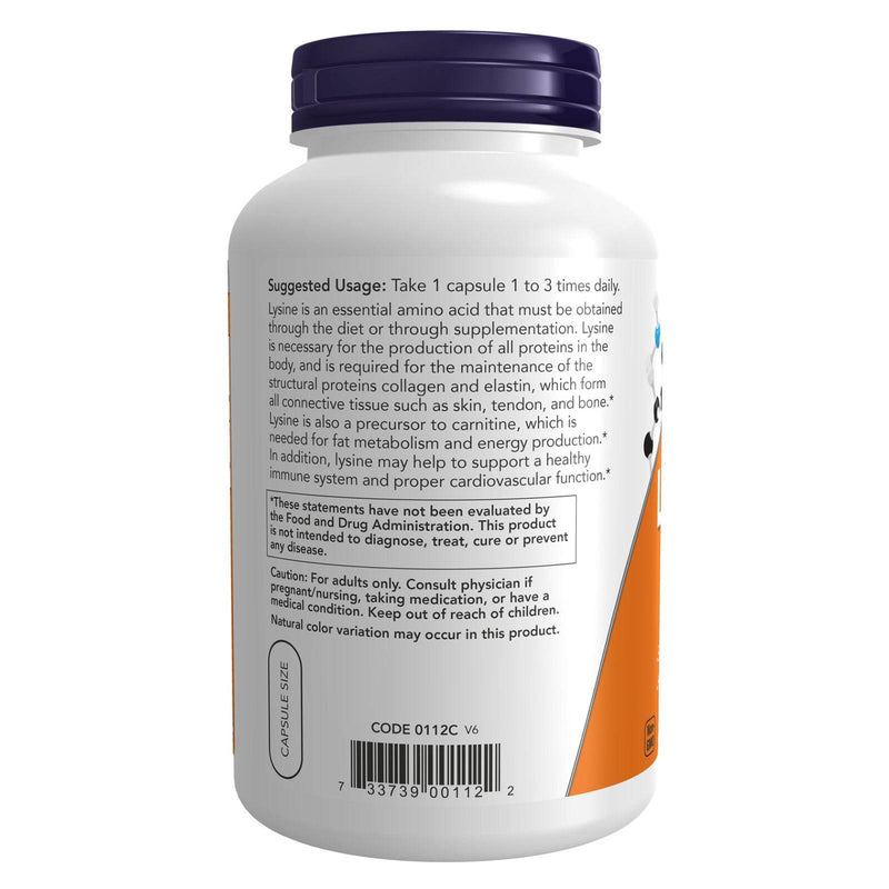 NOW Suplementos, L-Lisina (Monocloridrato de L-Lisina) 500 mg, Aminoácido, 250 Cápsulas Veg