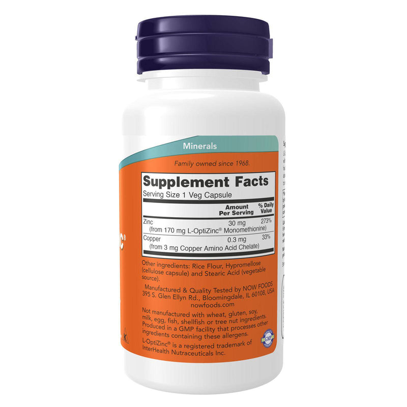 NOW Foods L-OptiZinc 30 mg 100 Veg Capsules