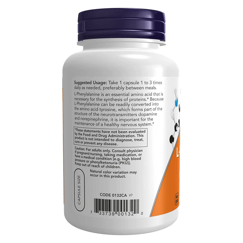 Suplementos NOW, L-fenilalanina 500 mg, apoyo al sistema nervioso*, aminoácido, 120 cápsulas vegetales