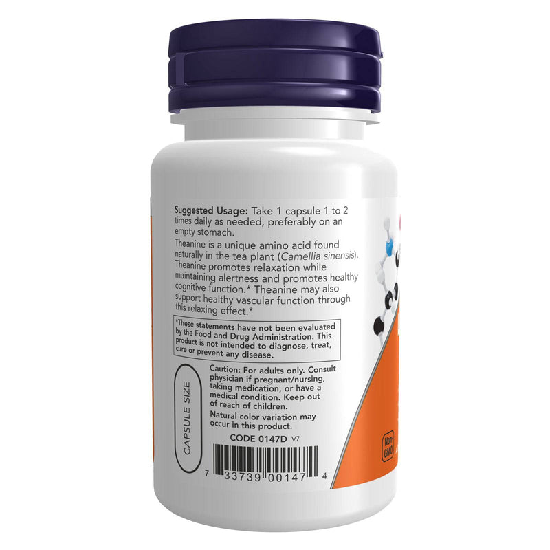 NOW Supplements, L-Theanine 200 mg,  이노시톨 함유, 스트레스 관리 *, 60 식물성 캡슐