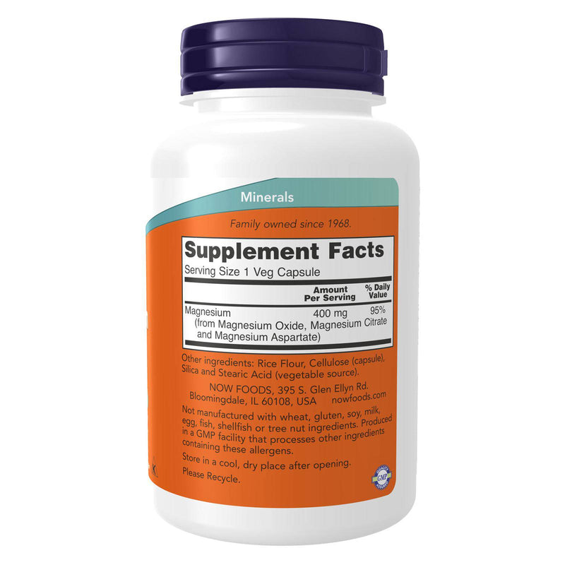 Suplementos NOW, magnesio 400 mg, función enzimática*, apoyo al sistema nervioso*, 180 cápsulas vegetales