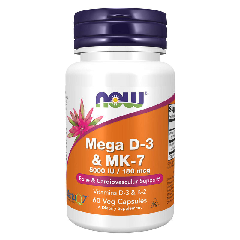 Suplementos NOW, Mega D-3 y MK-7 con vitaminas D-3 y K-2, 5,000 UI/180 mcg, Apoyo óseo y cardiovascular*, 60 cápsulas vegetales