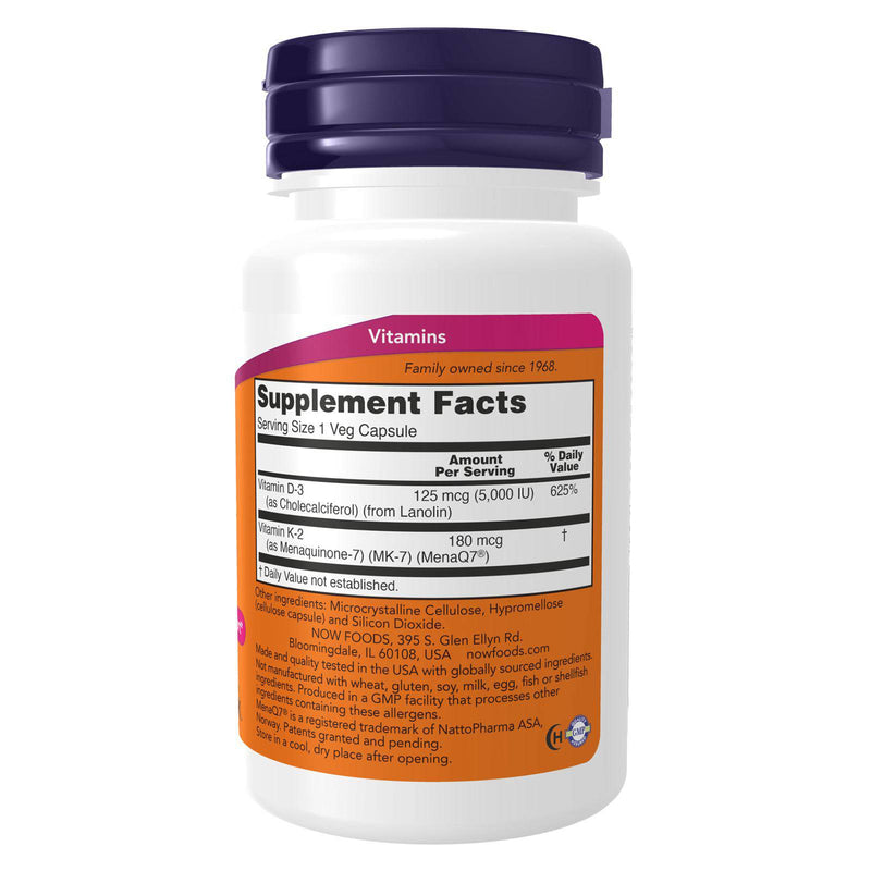 Suplementos NOW, Mega D-3 y MK-7 con vitaminas D-3 y K-2, 5,000 UI/180 mcg, Apoyo óseo y cardiovascular*, 60 cápsulas vegetales