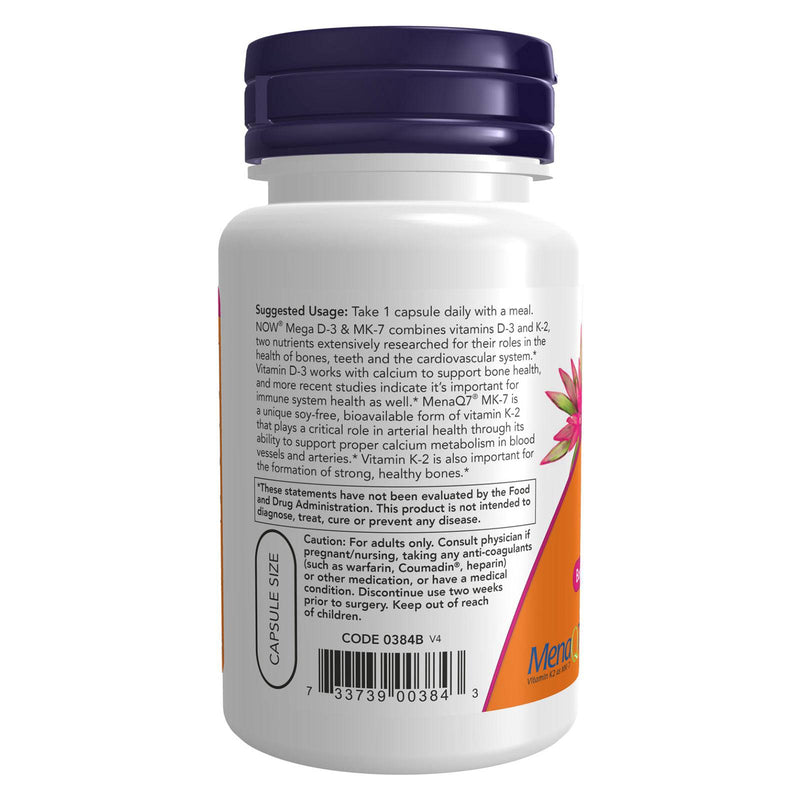 Suplementos NOW, Mega D-3 y MK-7 con vitaminas D-3 y K-2, 5,000 UI/180 mcg, Apoyo óseo y cardiovascular*, 60 cápsulas vegetales