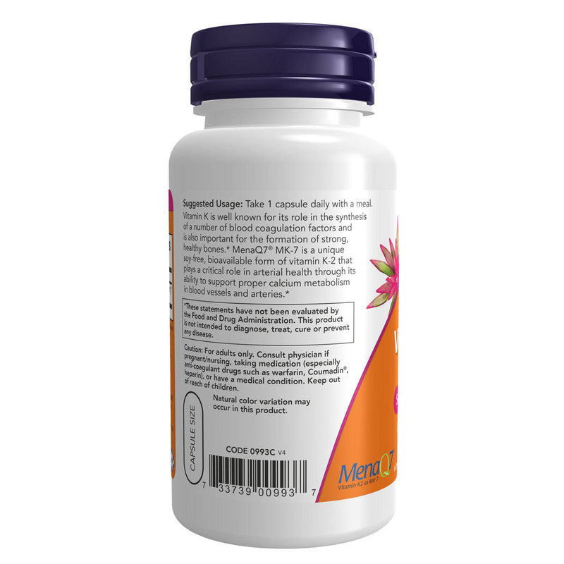 Suplementos NOW, MK-7 Vitamina K-2 100 mcg, Apoyo cardiovascular*, Apoya la salud ósea*, 120 cápsulas vegetales